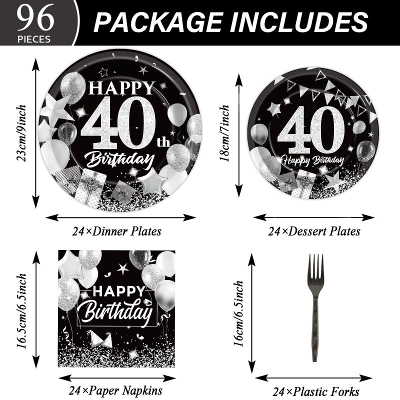 OBUSATT 96Pcs 40th Birthday Plates and Napkins Party Supplies Black and White Silver 40th Happy Birthday Party Decorations 40th Tableware Disposable Dinnerware Party Favors for Men Women Serves 24 - Image 2