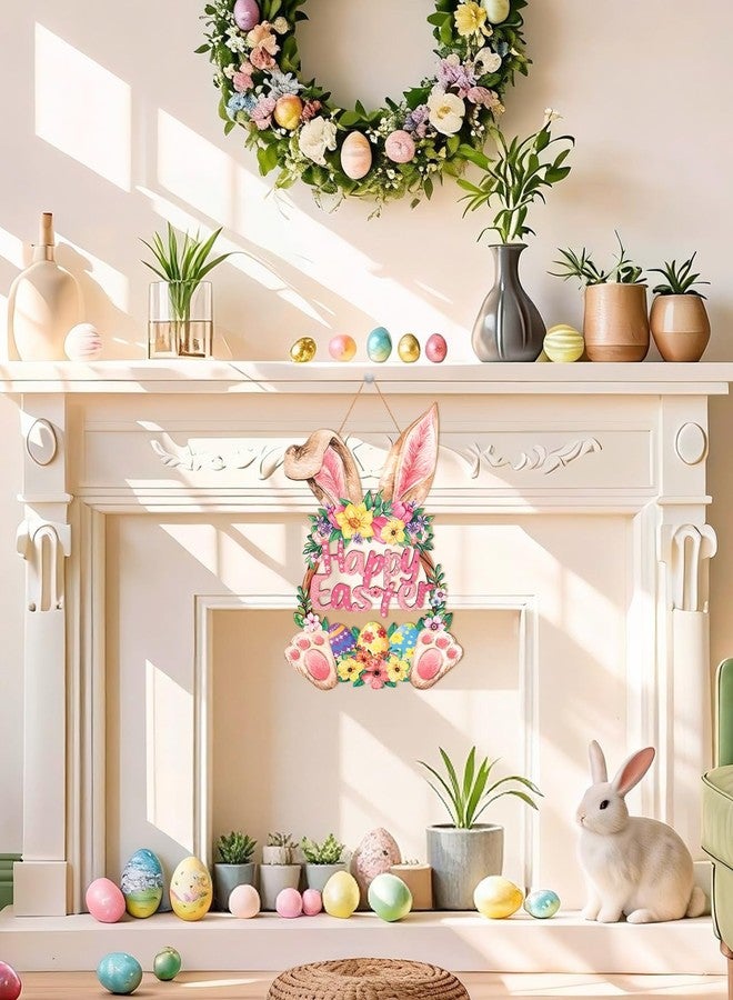 JMHACHY Wooden Bunny Easter Wreath for Front Door Decor - Happy Easter Spring Door Sign Decoration with Cute Hollow Rabbit Design, Hanging Rope, Outdoor Indoor Fireplace Window Wall Hanging Decor - Image 4