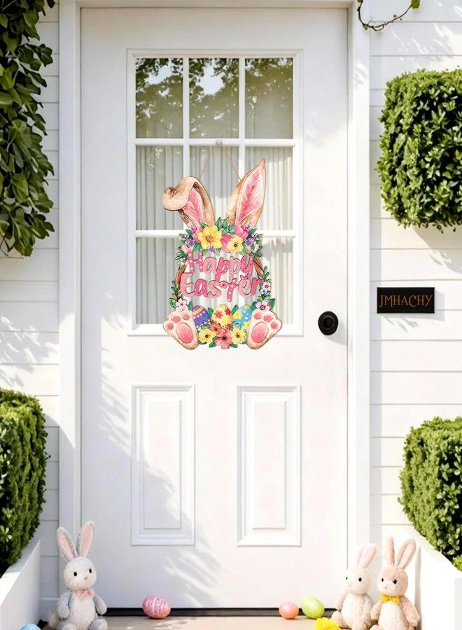 JMHACHY Wooden Bunny Easter Wreath for Front Door Decor - Happy Easter Spring Door Sign Decoration with Cute Hollow Rabbit Design, Hanging Rope, Outdoor Indoor Fireplace Window Wall Hanging Decor - Image 5