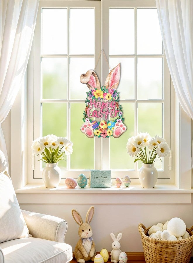 JMHACHY Wooden Bunny Easter Wreath for Front Door Decor - Happy Easter Spring Door Sign Decoration with Cute Hollow Rabbit Design, Hanging Rope, Outdoor Indoor Fireplace Window Wall Hanging Decor - Image 3