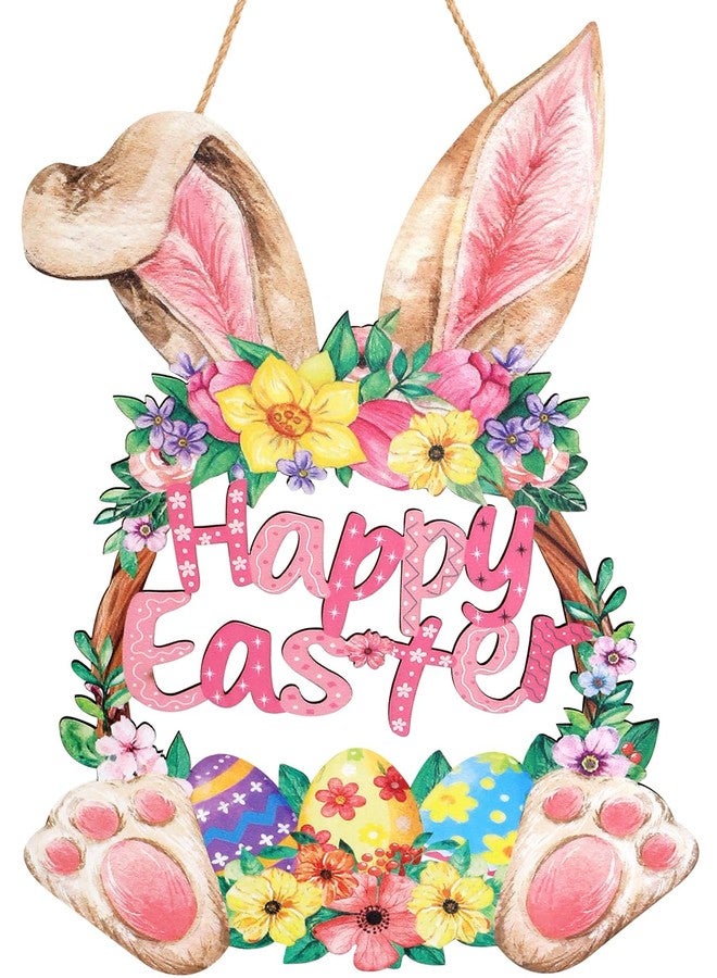 JMHACHY Wooden Bunny Easter Wreath for Front Door Decor - Happy Easter Spring Door Sign Decoration with Cute Hollow Rabbit Design, Hanging Rope, Outdoor Indoor Fireplace Window Wall Hanging Decor - Image 1