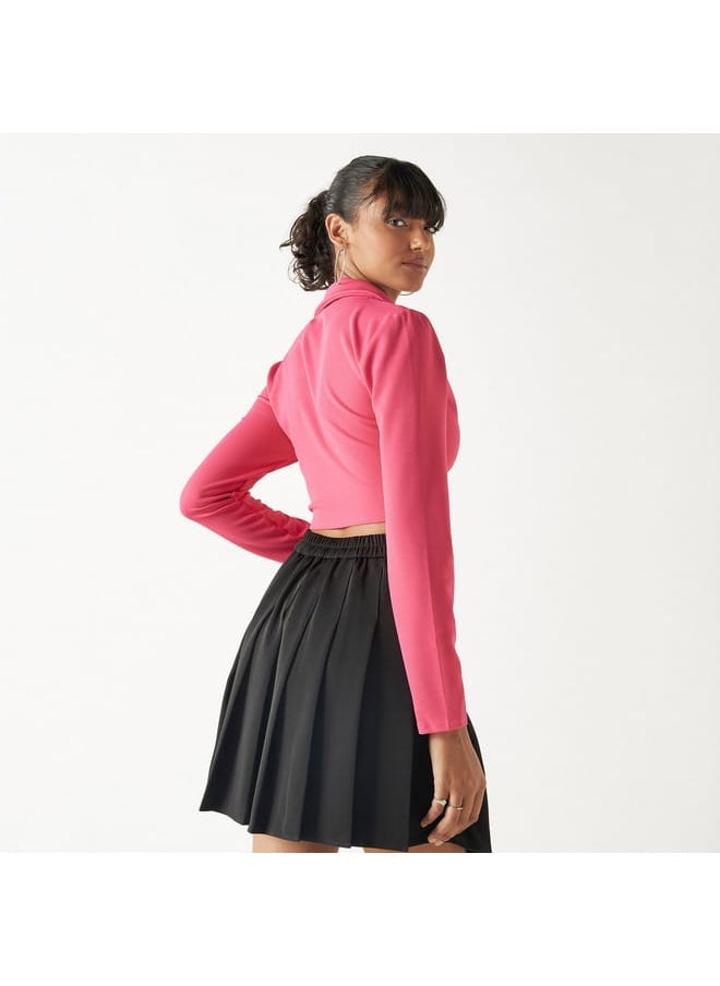 FAV - Solid Zip Through Cropped Top with Notch Lape and Long Sleeves - Image 1