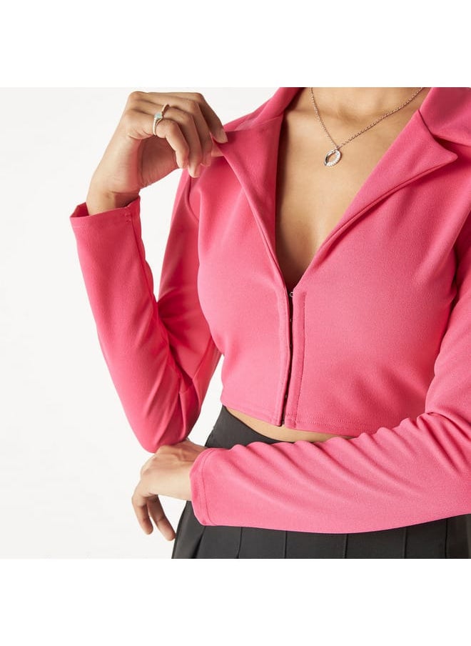 FAV - Solid Zip Through Cropped Top with Notch Lape and Long Sleeves - Image 1