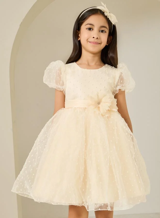 Styli Girls Cream Dobby Organza A-Line Dress