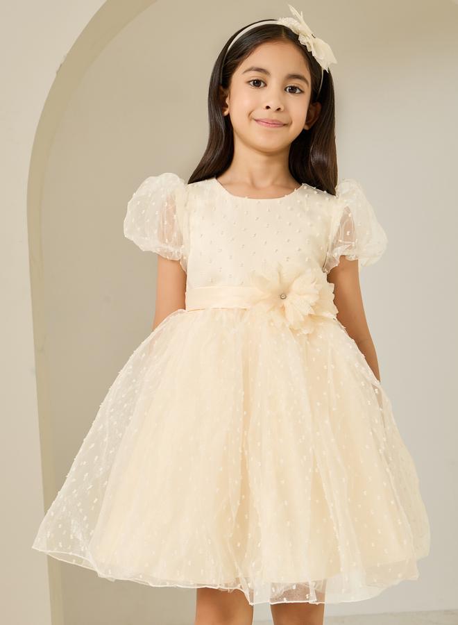 Styli Girls Cream Dobby Organza A-Line Dress - Image 2