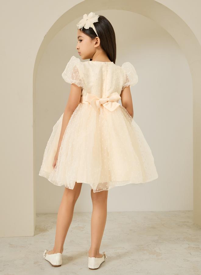 Styli Girls Cream Dobby Organza A-Line Dress - Image 4