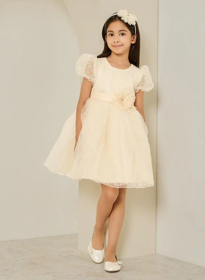 Styli Girls Cream Dobby Organza A-Line Dress