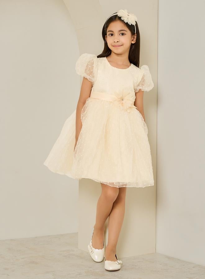Styli Girls Cream Dobby Organza A-Line Dress - Image 1