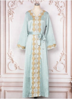 Loquat Womens Muslim Abaya Evening Dress Sparkling Rhinestones Decoration Dress With Belt Arabian Maxi Robe Light Blue  - Image 1