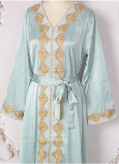 Loquat Womens Muslim Abaya Evening Dress Sparkling Rhinestones Decoration Dress With Belt Arabian Maxi Robe Light Blue  - Image 2