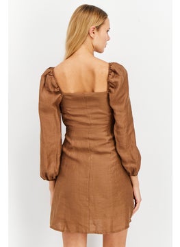 NA-KD Women Tie Front Long Sleeve Mini Dress, Brown  - Image 3