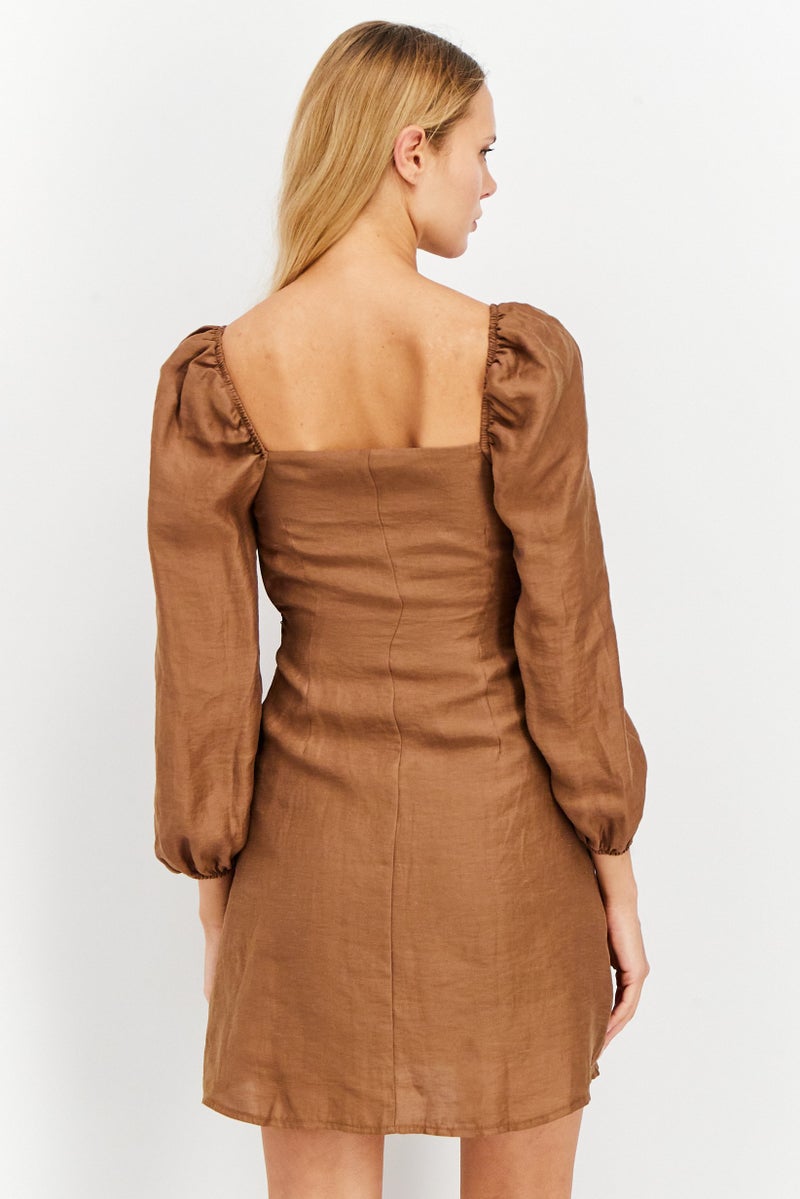 NA-KD Women Tie Front Long Sleeve Mini Dress, Brown  - Image 3