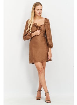 NA-KD Women Tie Front Long Sleeve Mini Dress, Brown  - Image 4