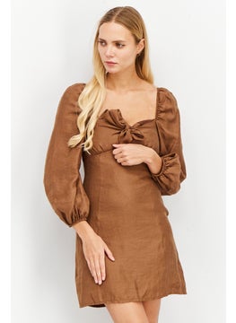 NA-KD Women Tie Front Long Sleeve Mini Dress, Brown  - Image 1