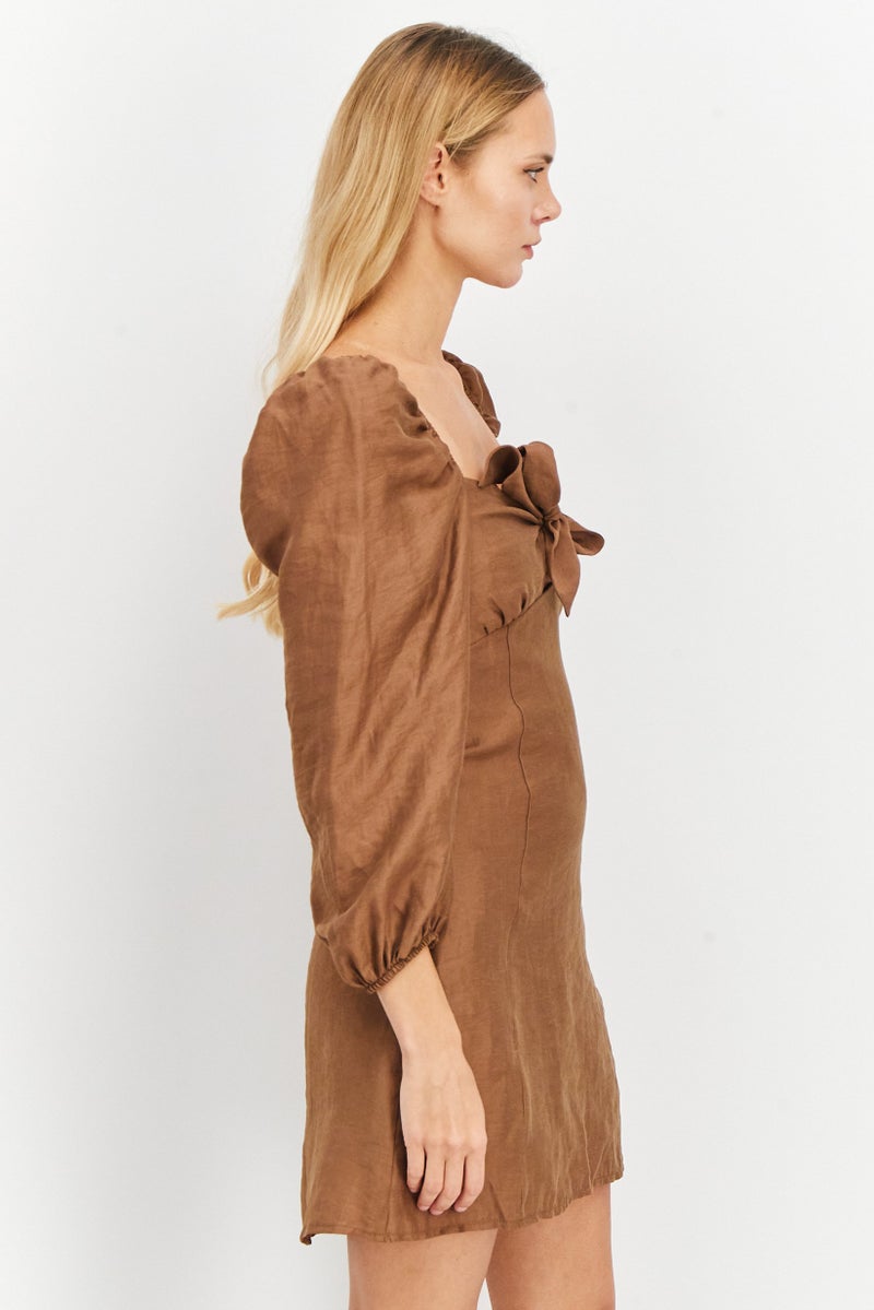 NA-KD Women Tie Front Long Sleeve Mini Dress, Brown  - Image 2