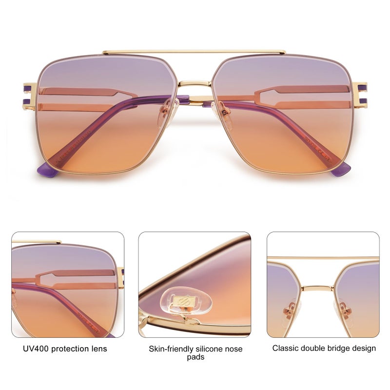 SOJOS Retro Oversized Square Sunglasses for Women Men, Vintage Large Double Bridge Metal Frame Unisex Sunglasses SJ1180, Gold Frame/Purple&Orange Lens - Image 4