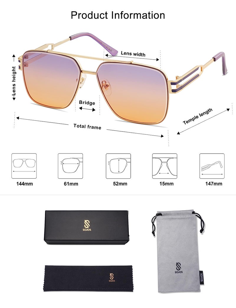 SOJOS Retro Oversized Square Sunglasses for Women Men, Vintage Large Double Bridge Metal Frame Unisex Sunglasses SJ1180, Gold Frame/Purple&Orange Lens - Image 5
