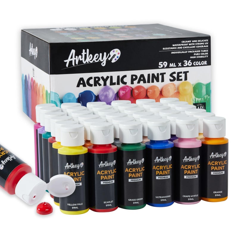 Artkey Acrylic Paint Set - 36 Colors 2 oz/59 ml Acrylic Paints Professional Artists Painting Kit for Canvases Fabric Rock Leather Easter Egg Wood Ceramic Glass Art Craft Painting - Image 1