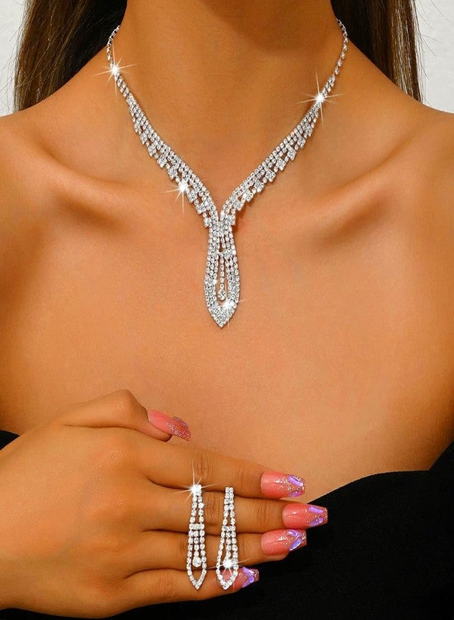 Unicra Silver Bridal Wedding Jewelry Set Rhinestone Necklace Earrings Sets Prom Formal Costume Jewelry Sets for Women and Brides (Silver) - Image 4