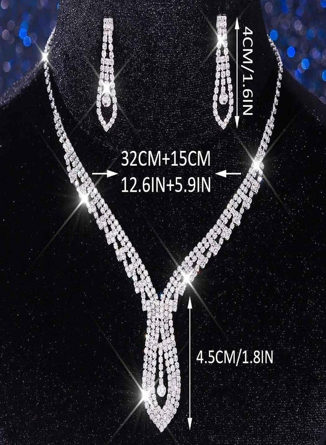 Unicra Silver Bridal Wedding Jewelry Set Rhinestone Necklace Earrings Sets Prom Formal Costume Jewelry Sets for Women and Brides (Silver) - Image 2