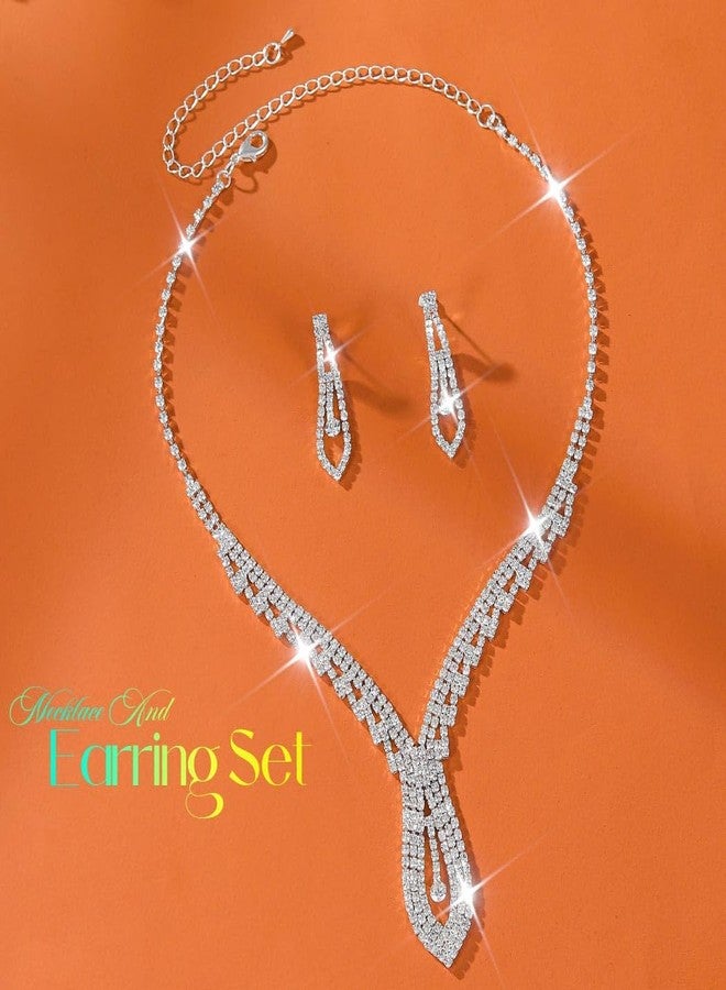 Unicra Silver Bridal Wedding Jewelry Set Rhinestone Necklace Earrings Sets Prom Formal Costume Jewelry Sets for Women and Brides (Silver) - Image 3