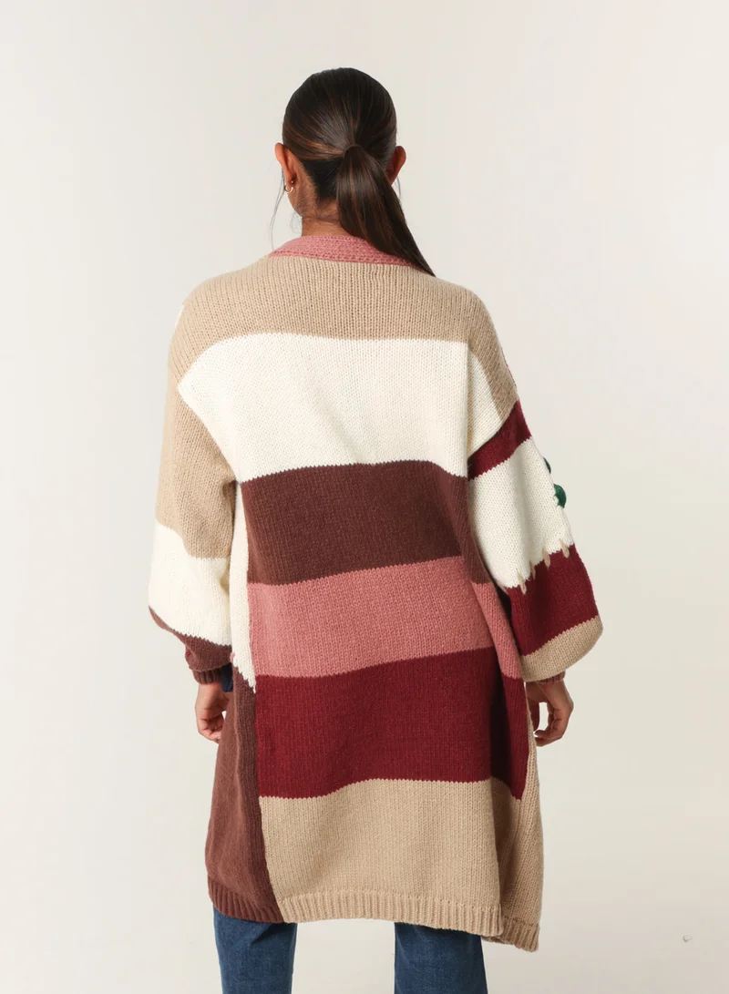 بلو فانيلا كارديجان طويل بنقوش زهور ثلاثية الأبعاد بألوان متدرجة