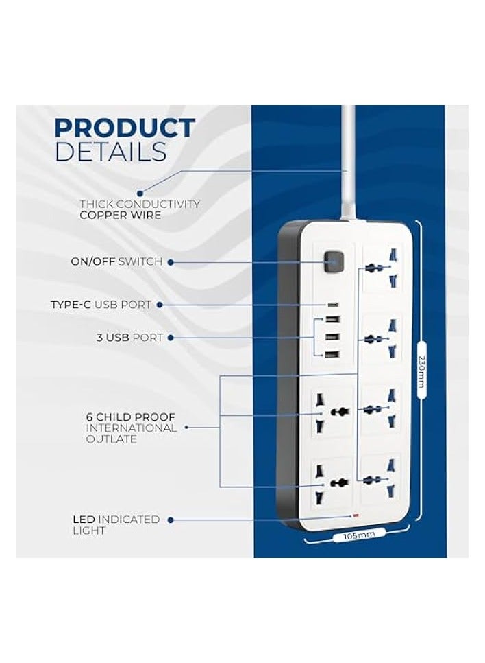 erorex Extension Cord 6 Outlets, 3 USB Ports, 1 Type-C Port, 2M Wire, White - Image 2