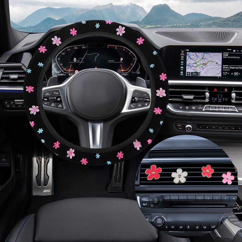 BDZMC Cute Embroidery Flower Steering Wheel Cover NonSlip Floral Steering Wheel Protector with 4 PCS Flowers Car Air Vent Clips Universal Car Interior Decorations for Women Girls - Image 3