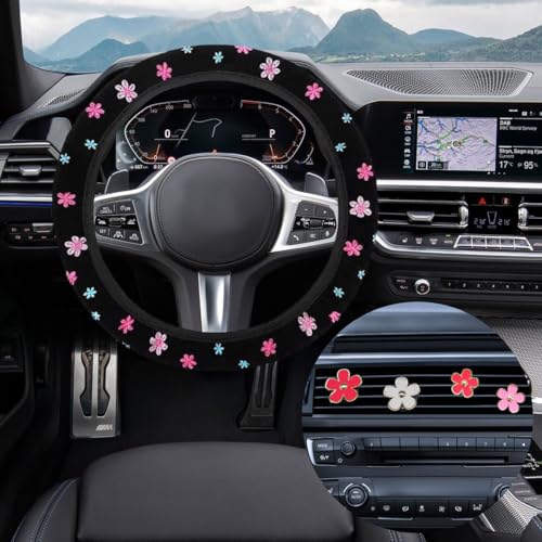 BDZMC Cute Embroidery Flower Steering Wheel Cover NonSlip Floral Steering Wheel Protector with 4 PCS Flowers Car Air Vent Clips Universal Car Interior Decorations for Women Girls - Image 1