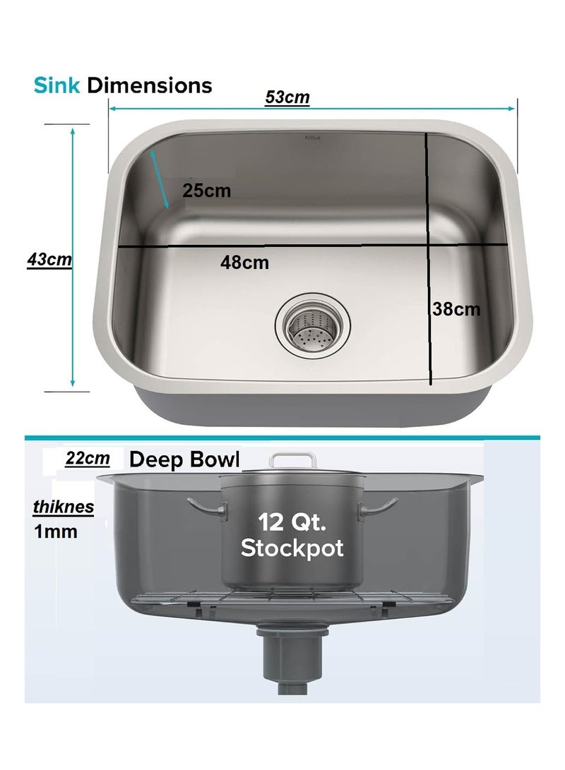 Shams Kitchen sink, 43 cm x 53 cm, 1 mm thick, with drain and long-neck wall mixer - Image 3