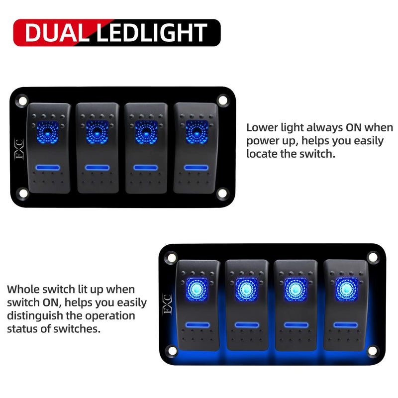FXC Rocker Switch Aluminum Panel 4 Gang Toggle Switches Dash 5 Pin ON/Off 2 LED Backlit for Boat Car Marine Blue - Image 2