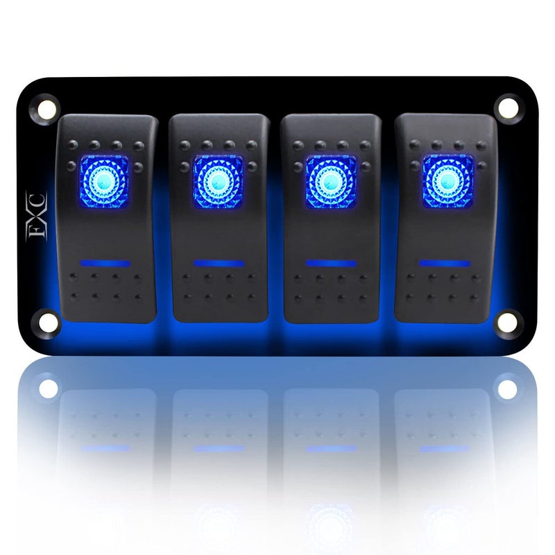 FXC Rocker Switch Aluminum Panel 4 Gang Toggle Switches Dash 5 Pin ON/Off 2 LED Backlit for Boat Car Marine Blue - Image 1