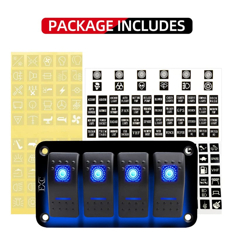 FXC Rocker Switch Aluminum Panel 4 Gang Toggle Switches Dash 5 Pin ON/Off 2 LED Backlit for Boat Car Marine Blue - Image 3