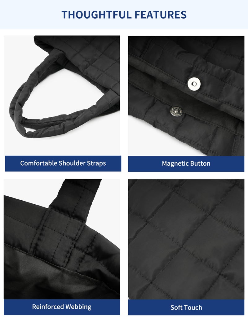 REDSINDA Quilted Tote Bag for Women, Lightweight Carryall Puffer Shoulder Bag Handbag for Travel, Work (Black) - Image 3