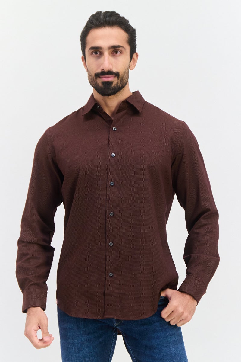 Van Heusen Men Regular Fit Birdseye Pattern Long Sleeve Dress Shirt, Dark Brown - Image 1
