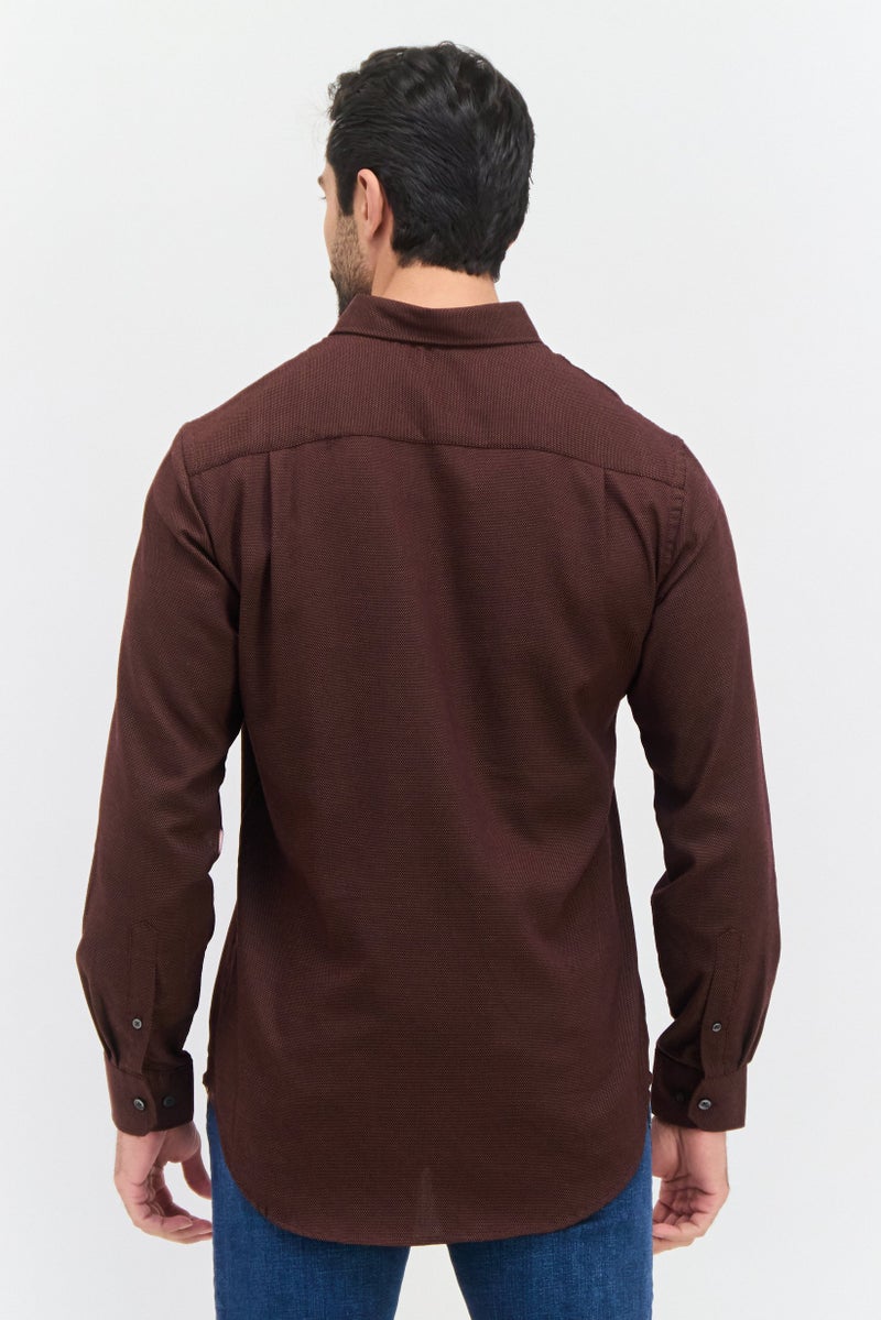 Van Heusen Men Regular Fit Birdseye Pattern Long Sleeve Dress Shirt, Dark Brown - Image 3