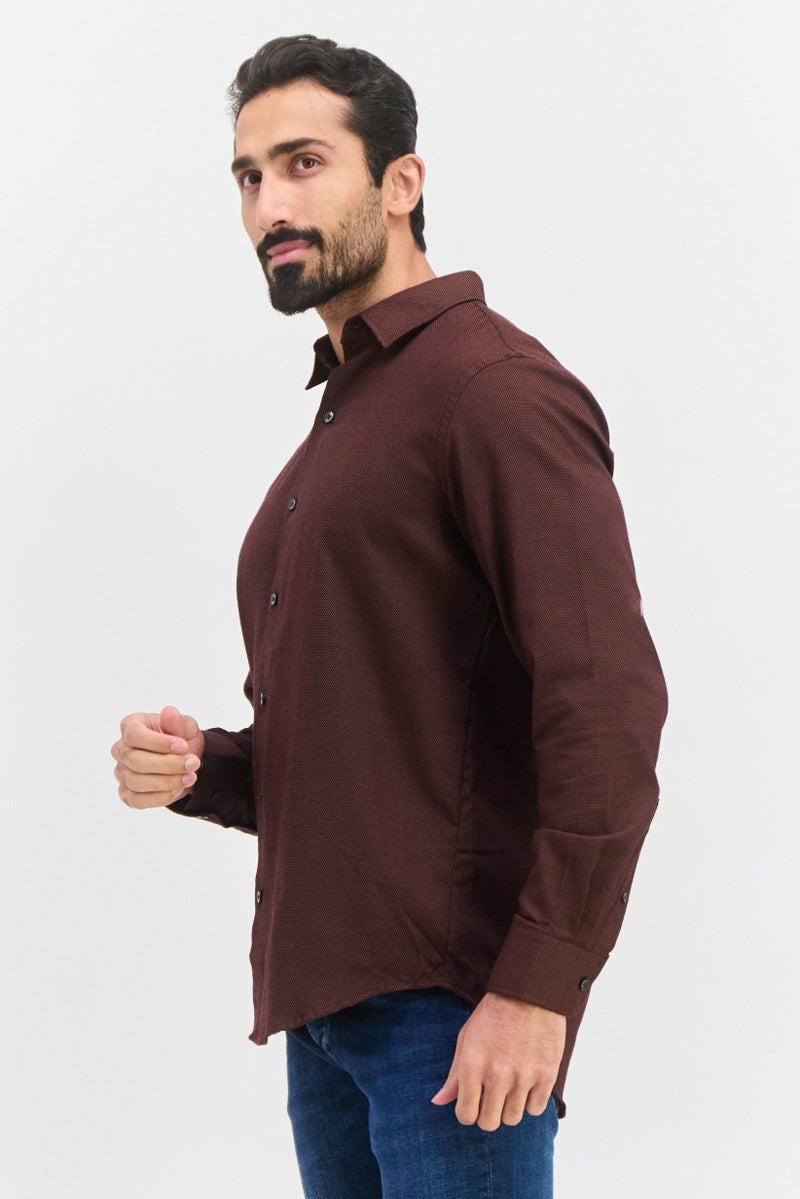 Van Heusen Men Regular Fit Birdseye Pattern Long Sleeve Dress Shirt, Dark Brown - Image 2