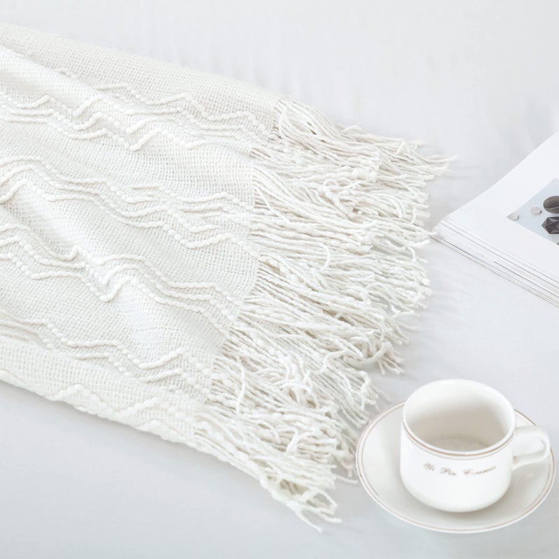 BOURINA Throw Blanket Textured Solid Soft for Sofa Couch Decorative Knitted Blanket  50"" x 60"" Off White - Image 5