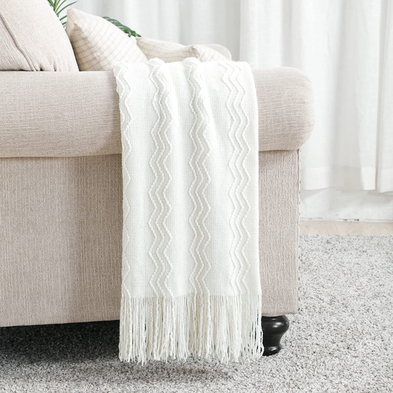 BOURINA Throw Blanket Textured Solid Soft for Sofa Couch Decorative Knitted Blanket  50"" x 60"" Off White - Image 2