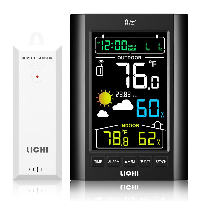 Lichi Weather Station Wireless Indoor Outdoor Thermometerï¼Œ Inside Outside Temperature Humidity Monitorï¼Œwith 330ft Range Sensor and Adjustable Backlight (Black) - Image 1