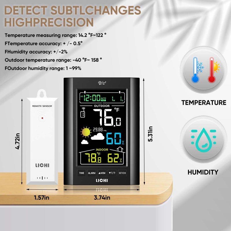 Lichi Weather Station Wireless Indoor Outdoor Thermometerï¼Œ Inside Outside Temperature Humidity Monitorï¼Œwith 330ft Range Sensor and Adjustable Backlight (Black) - Image 5