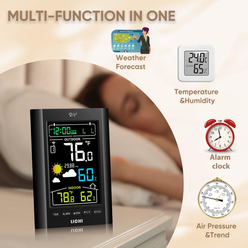 Lichi Weather Station Wireless Indoor Outdoor Thermometerï¼Œ Inside Outside Temperature Humidity Monitorï¼Œwith 330ft Range Sensor and Adjustable Backlight (Black) - Image 2