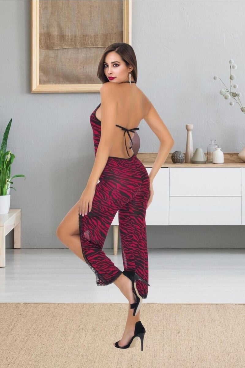 Qvien Secret Women Zebra Pattern Burgundy Lace Strap Jumpsuit Nightgown Pajamas Nightgown - G-5029 - Image 2