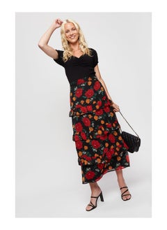 Red Floral Chiffon Ruffle Midi Skirt
