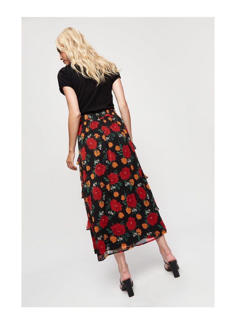 DOROTHY PERKINS - Red Floral Chiffon Ruffle Midi Skirt - Image 1