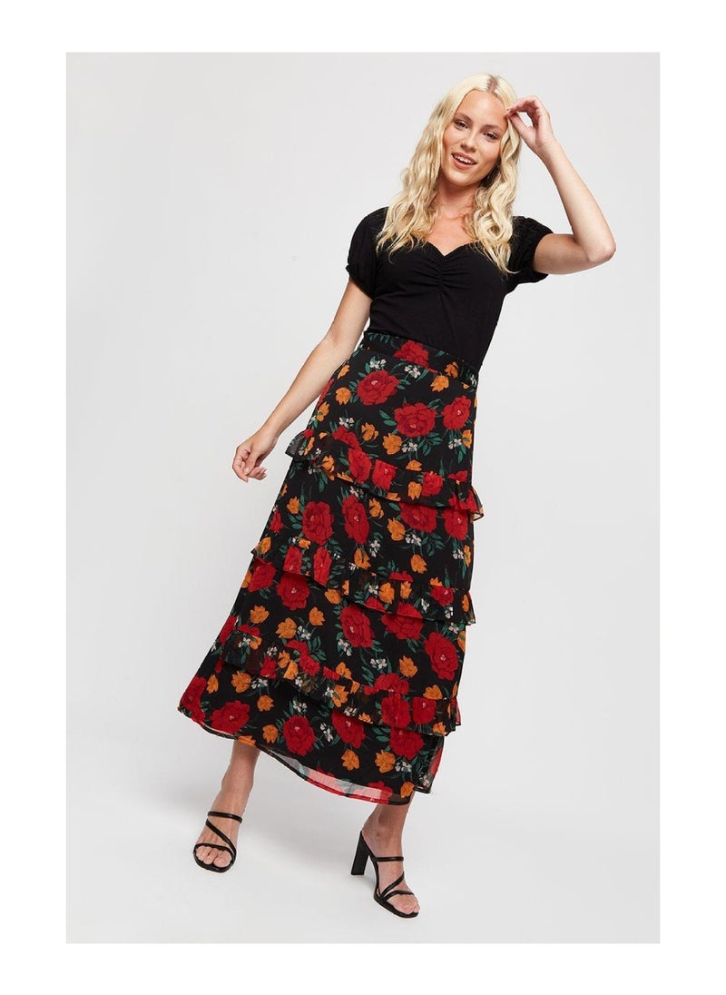 DOROTHY PERKINS - Red Floral Chiffon Ruffle Midi Skirt - Image 1