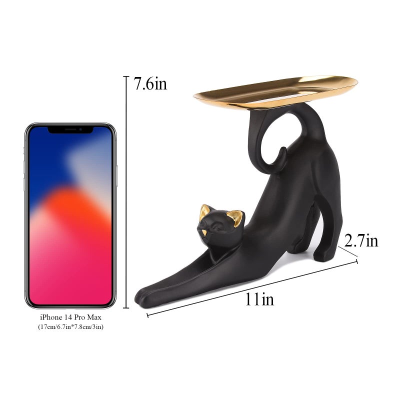 BRASSTAR Resin Cat Stretching Tray Statue Tray for Keys Candy Jewelry Ring Fruit, Modern Black Living Room Bedroom Decoration TQGJPT504 - Image 2