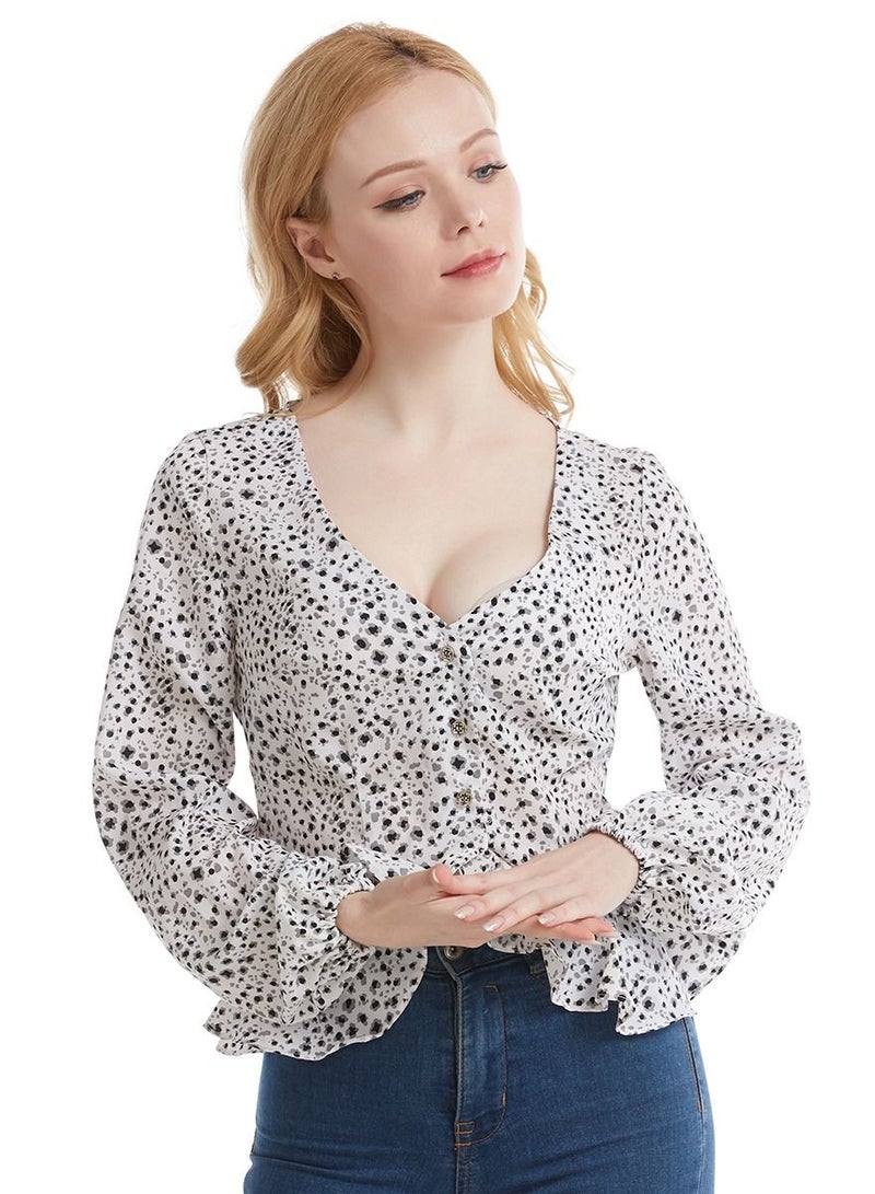 إسكدنيا Women's Stylish Long Sleeve Top Printed Chiffon Ruffled Blouse White Mix  - Image 1
