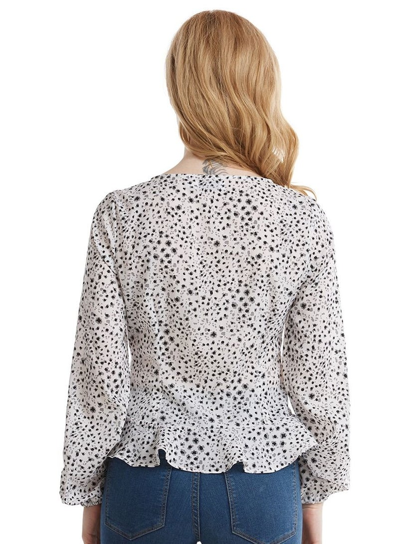 إسكدنيا Women's Stylish Long Sleeve Top Printed Chiffon Ruffled Blouse White Mix  - Image 3