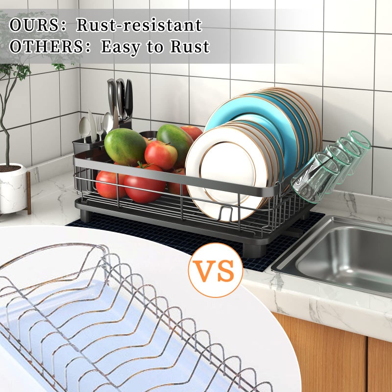 Godboat Dish Drying Rack, Dish Rack with Auto-Drain & Mat, Dish Drainers for Kitchen Counter, Glass Organizer for 4 Cups, 3 Lots Utensil Holder, Gifts for Women Mothers Day, Kitchen Gadgets & Decor - Image 2